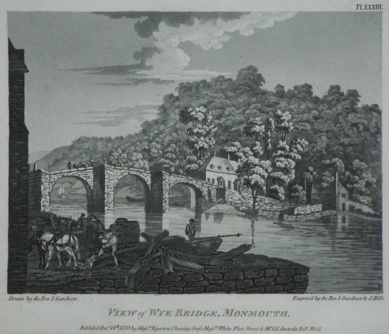 Aquatint - View of Wye Bridge, Monmouth. - Gardner